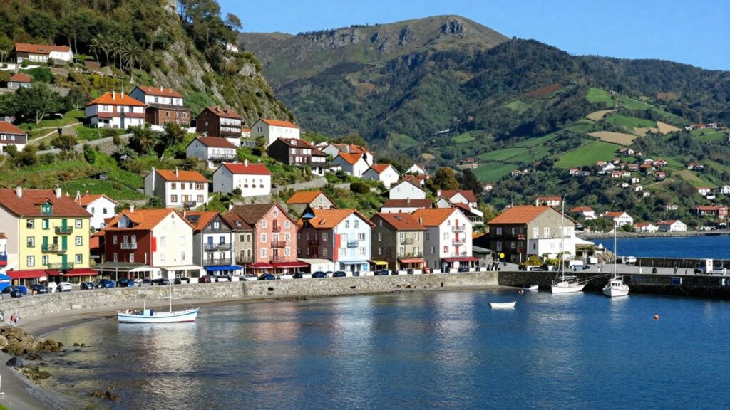Colorful Basque village overlooking a blue bay and green mountains.