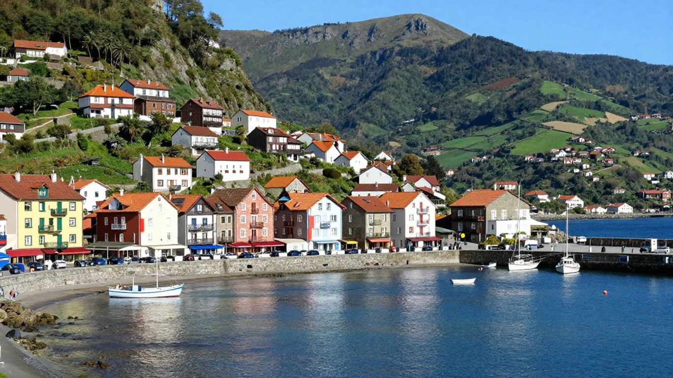 Colorful Basque village overlooking a blue bay and green mountains.