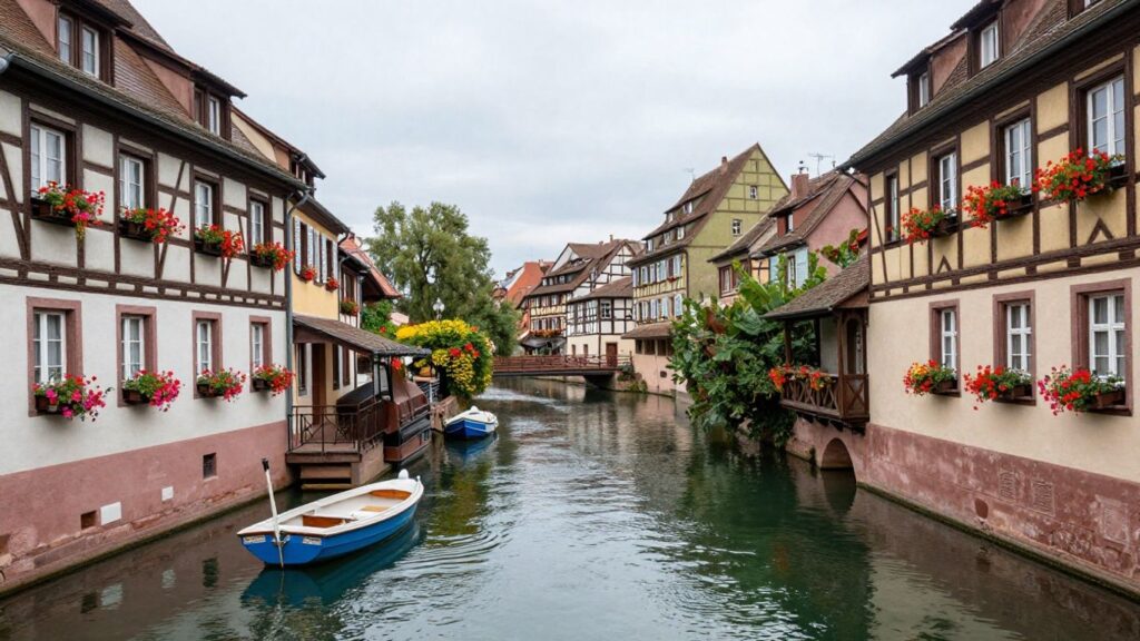 Colmar Little Venice canals with colorful houses and boats.