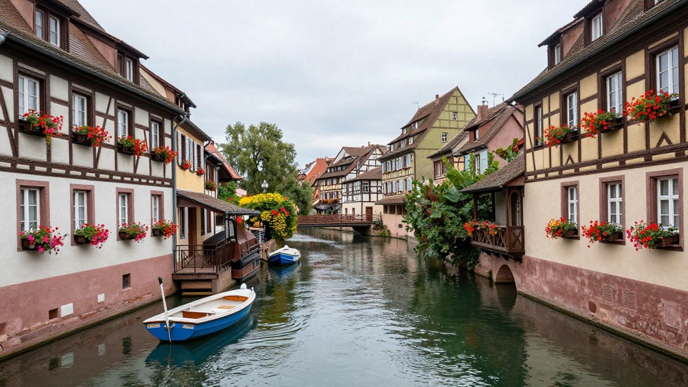 Colmar Little Venice canals with colorful houses and boats.