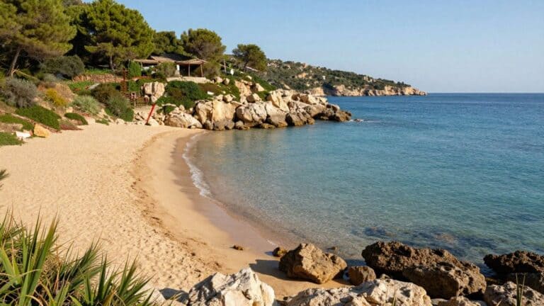 Sandy beach with blue water and rocky coastline.