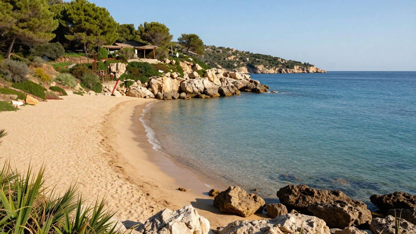 Sandy beach with blue water and rocky coastline.