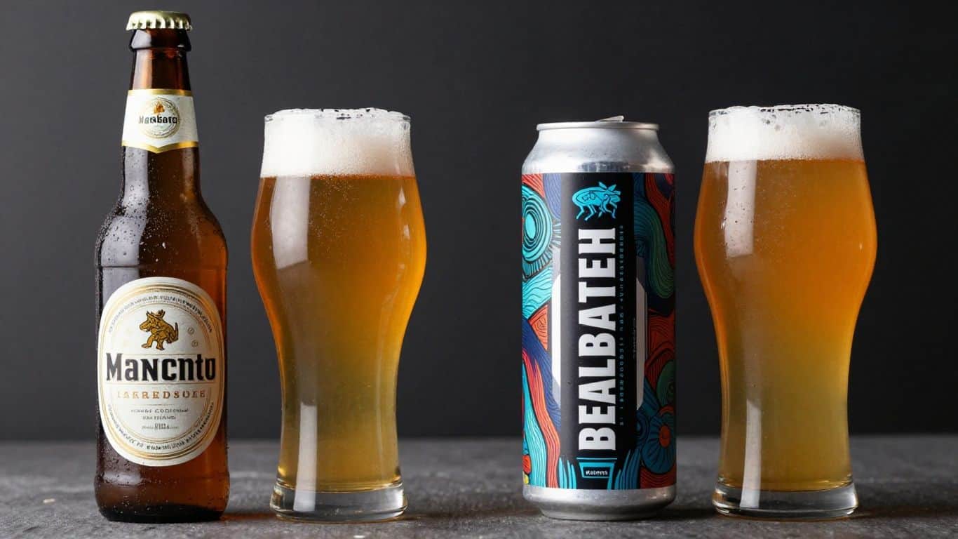 French beer bottle and craft beer can side-by-side.