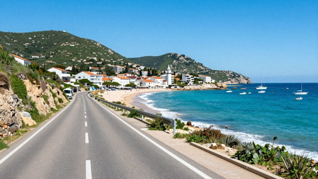 Coastal road leading to Cap d'Agde with Mediterranean Sea.
