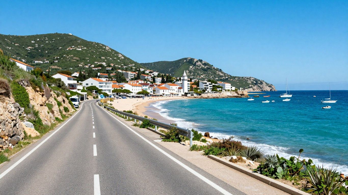 Coastal road leading to Cap d'Agde with Mediterranean Sea.