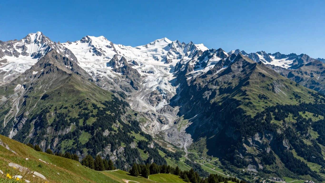 Majestic French Alps mountains and green valleys.