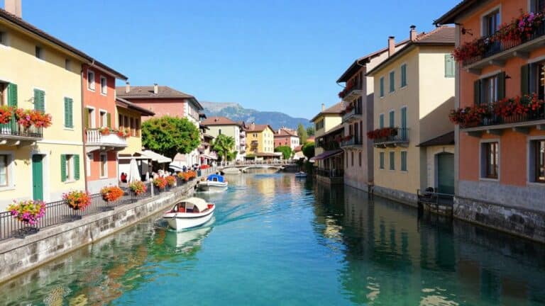 Annecy canal with colorful buildings and boats in France.