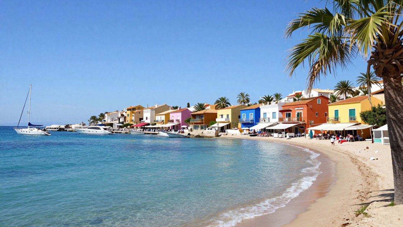 Cap d'Agde coastline with beaches, marina, and colorful buildings.