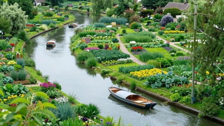 Boats on canals in Amiens hortillonnages with green islands.