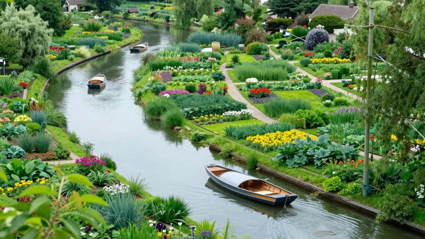 Boats on canals in Amiens hortillonnages with green islands.