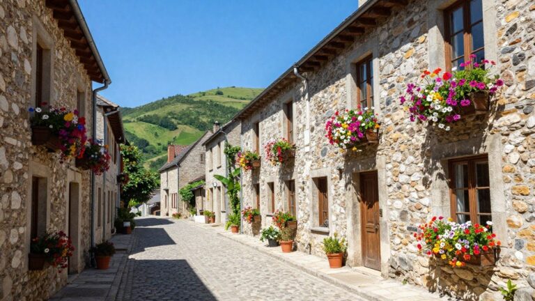 Charming medieval village with cobblestone streets and green hills.