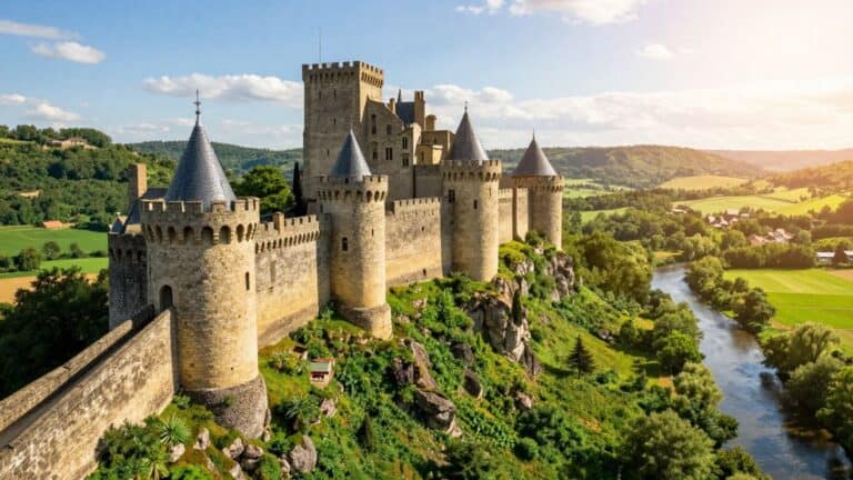 Medieval castle overlooking a green valley in Dordogne, France.