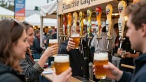 French craft beer festival with colorful taps and happy people.