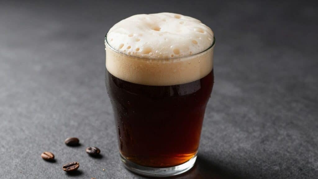 Dark French stout beer in a glass with creamy head.