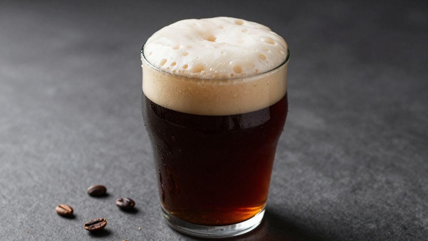Dark French stout beer in a glass with creamy head.