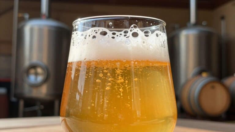 Frothy French sour beer in a glass at a brewery.