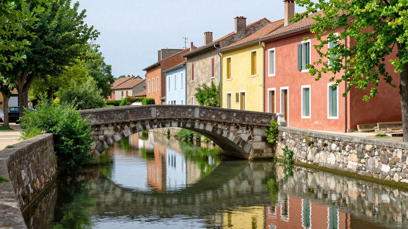 Canal with bridges and colorful buildings in L'Isle-sur-la-Sorgue
