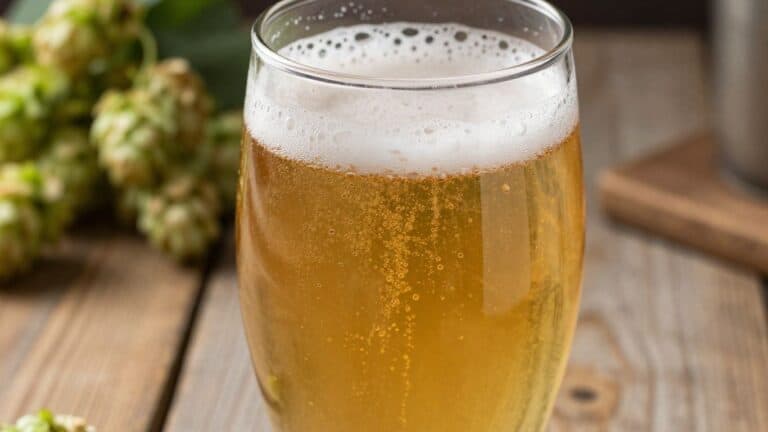 Glass of golden Saison beer with frothy head.