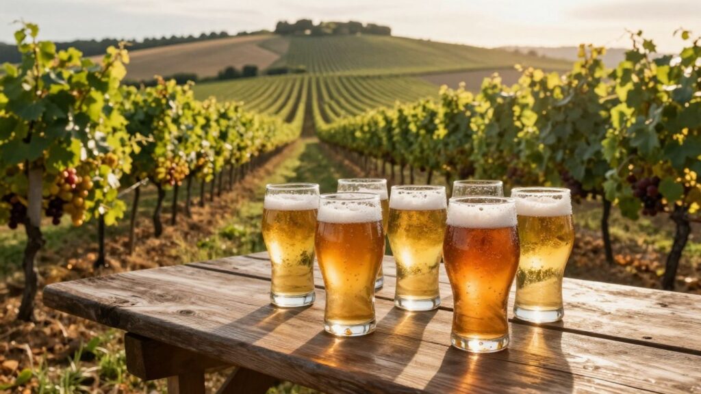 Craft beer tasting in a sunny vineyard in Southern France.
