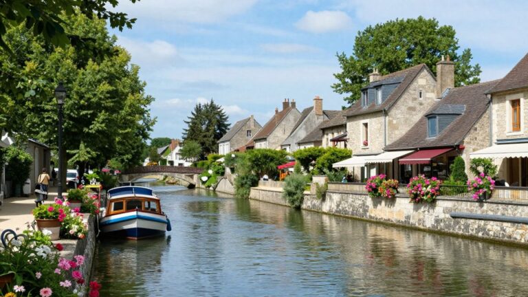 Montargis canal town in France with boats and buildings.