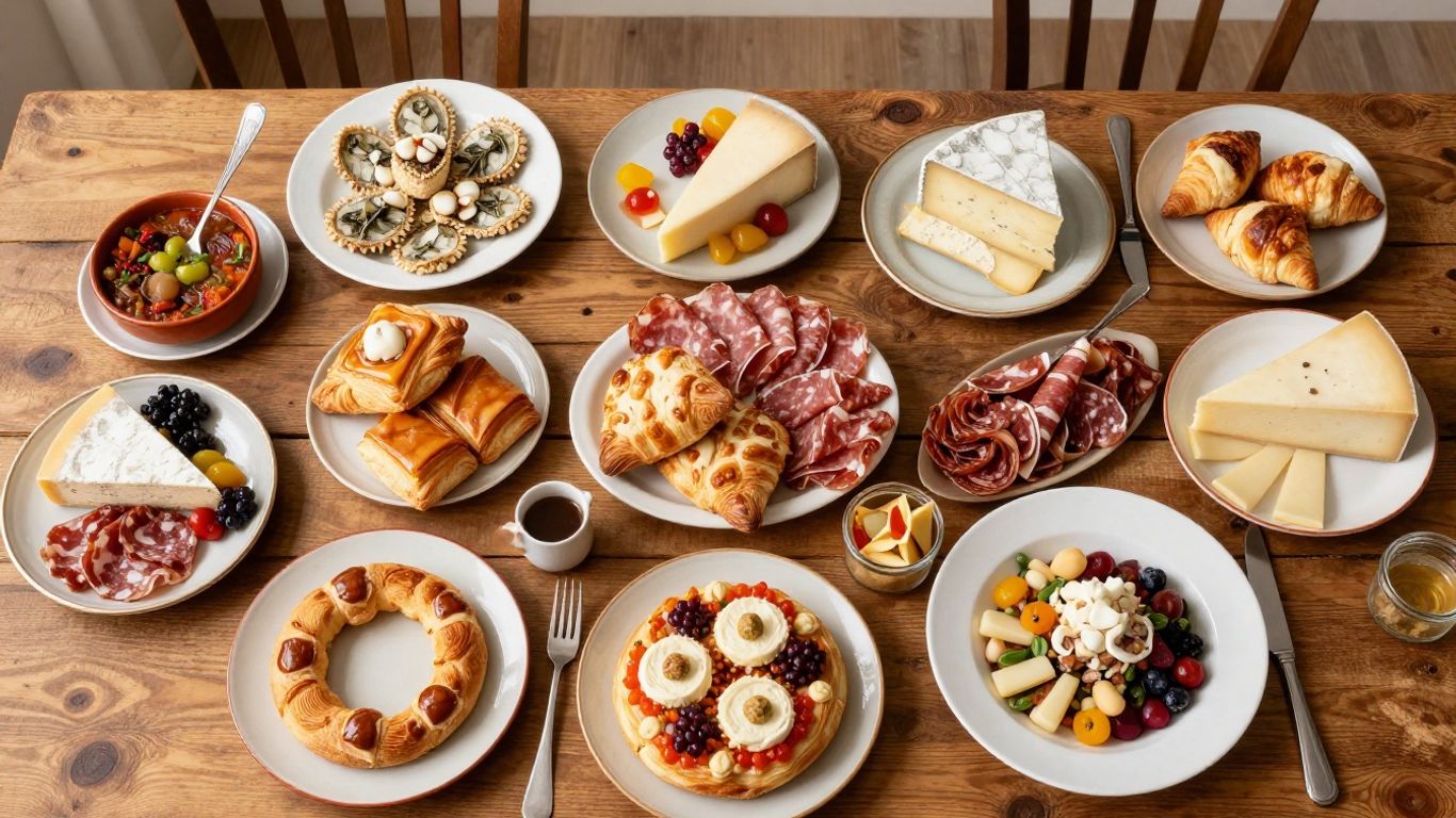 Assortment of French regional foods on a wooden table.