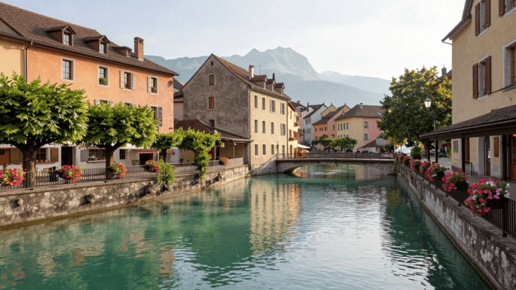 Pastel-colored buildings line a turquoise canal with a stone wall, small trees, and a bridge, mountain range in the background.