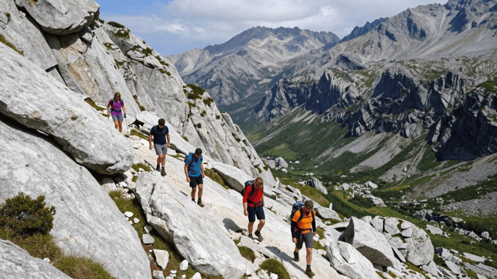 Group of hikers with colorful backpacks trekking along a rocky alpine ridge with a valley below.
