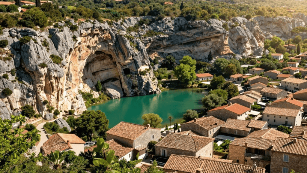 Stone houses with red-tiled roofs surround a turquoise lake at the base of a rocky cliff in a hillside village.