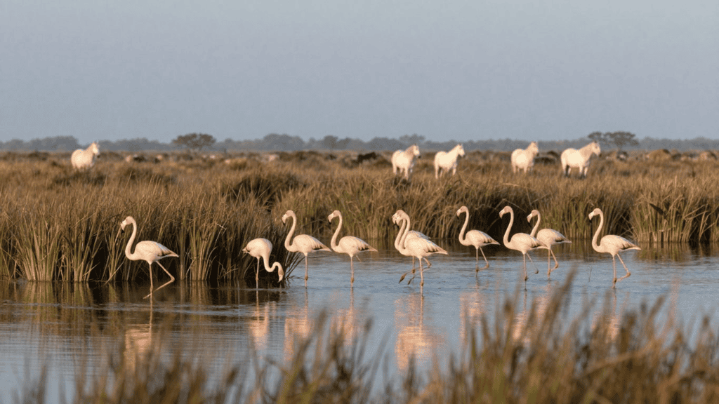 Group of pink flamingos wading in a shallow marsh with tall grasses around the water surface.