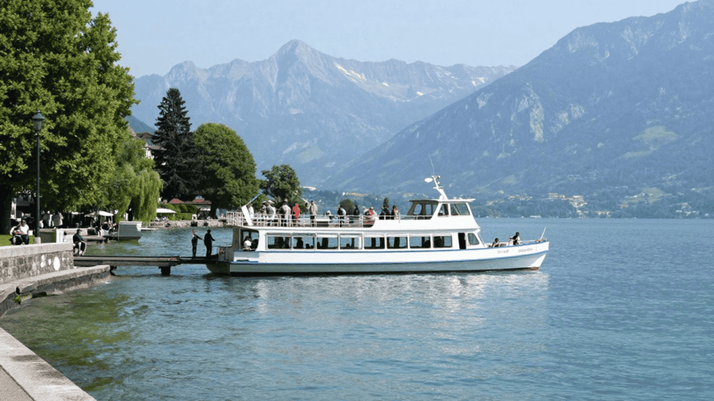 White two-deck tour boat on a blue lake, docked near a tree-lined promenade with people; snow-capped mountains in the distance.