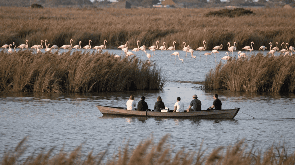 People in a small boat on a calm river with pink flamingos standing in the marsh behind them.