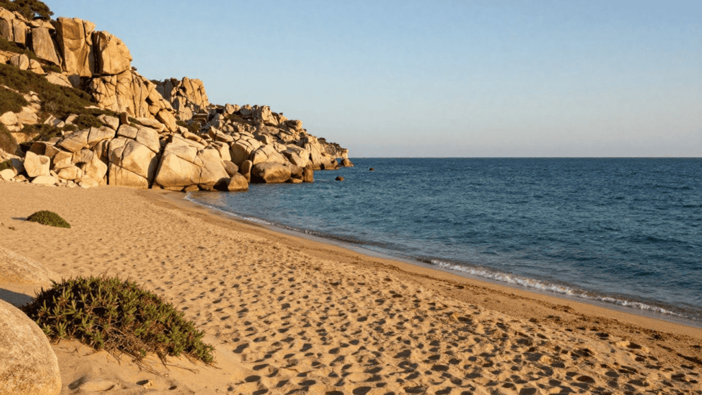 Sandy beach with a rocky cliff on the left, calm blue sea to the right, and a clear sky above.