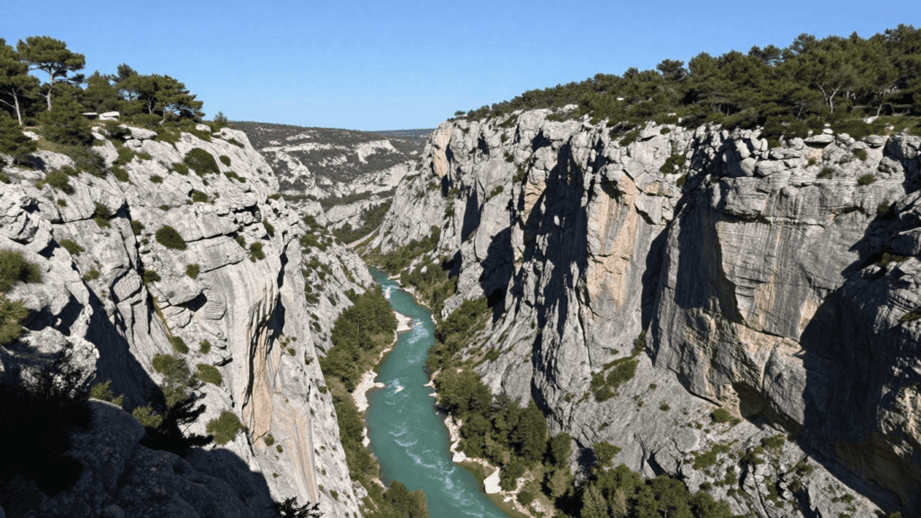 Tall rocky canyon with a turquoise river running between steep gray cliffs and pine trees at the top under a clear blue sky.