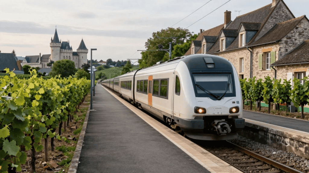 White passenger train at a small rural station with grapevines on the platform and a castle visible in the distance, under a cloudy sky.
