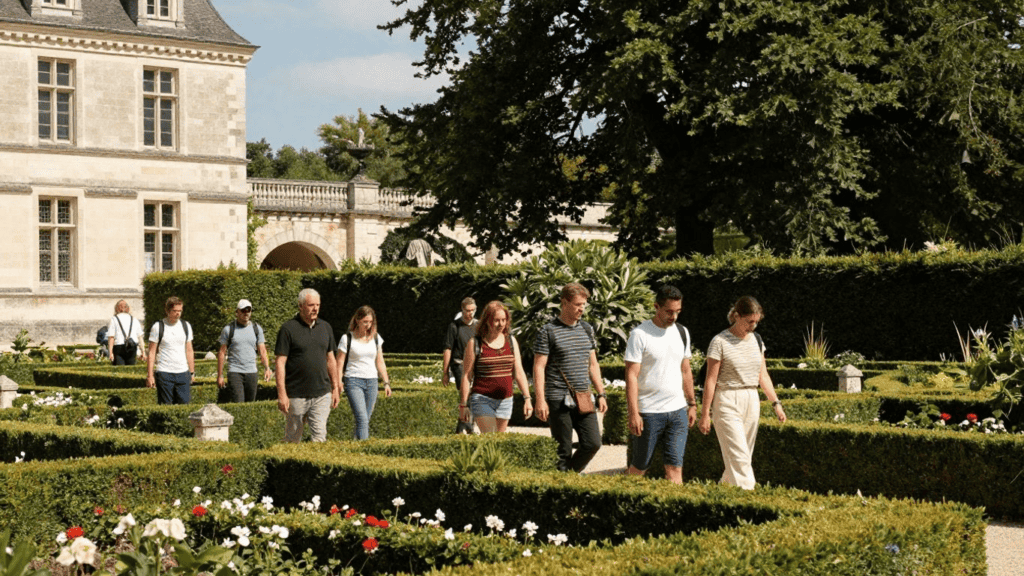 People walking through a formal garden with neatly trimmed hedges and a historic stone building in the background.