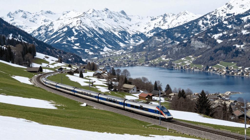 Passenger train curving along a snow-dusted hillside with a lake and Alpine village below, mountains towering in the background.