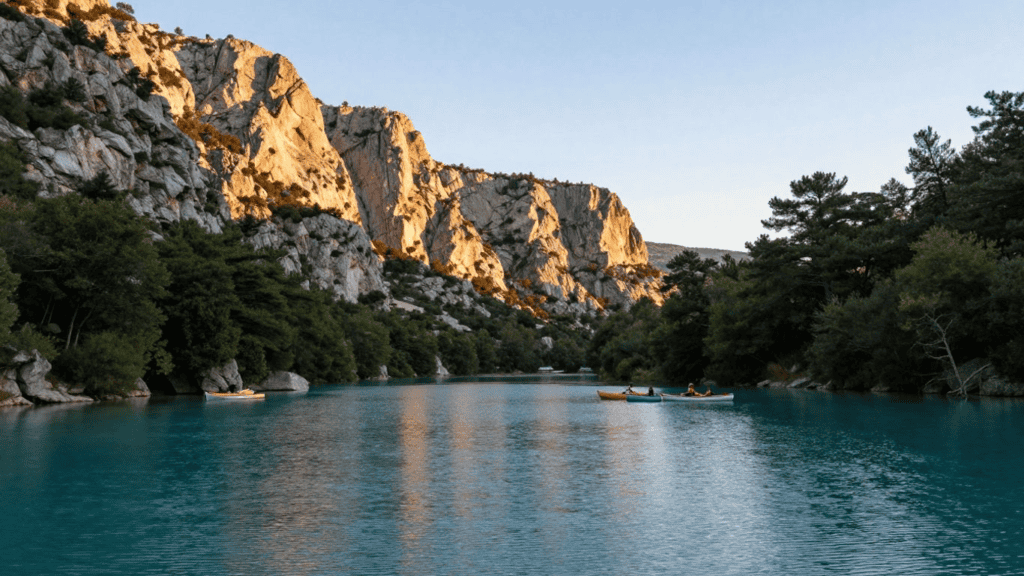 Turquoise river flows through a sunlit rocky canyon with forested banks and kayakers paddling in the distance.