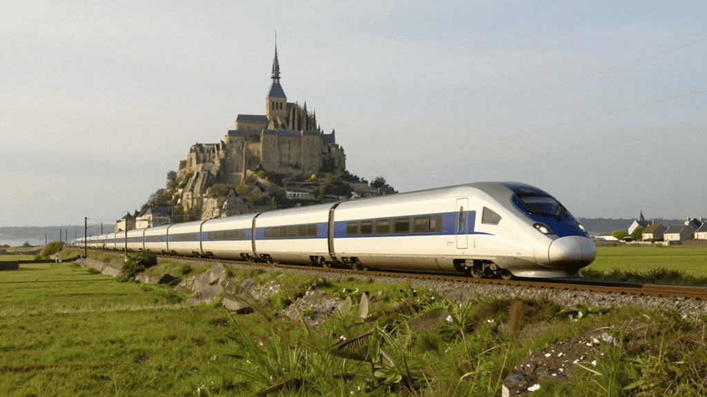 High-speed train passes by a rocky hilltop monastery on a sunny day.