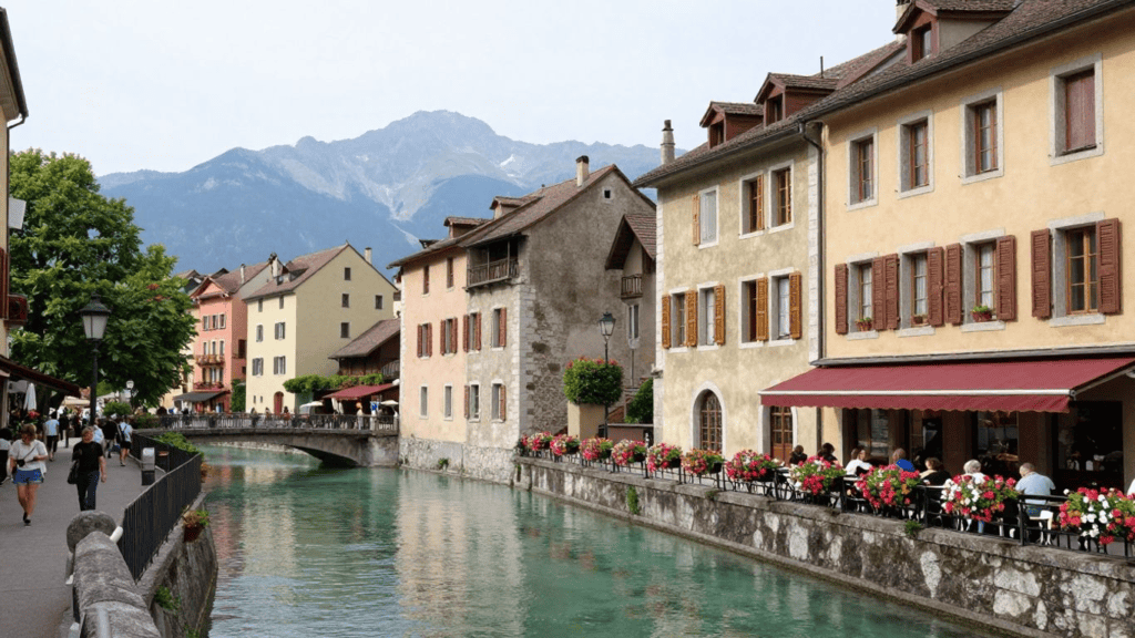 Pastel-colored buildings along a narrow canal, outdoor cafe seating, flowers, and mountains in the distance.