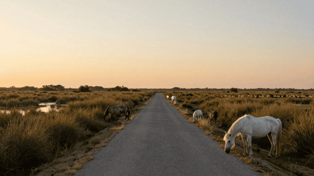 Road through flat marshland at sunset with horses grazing on both sides.