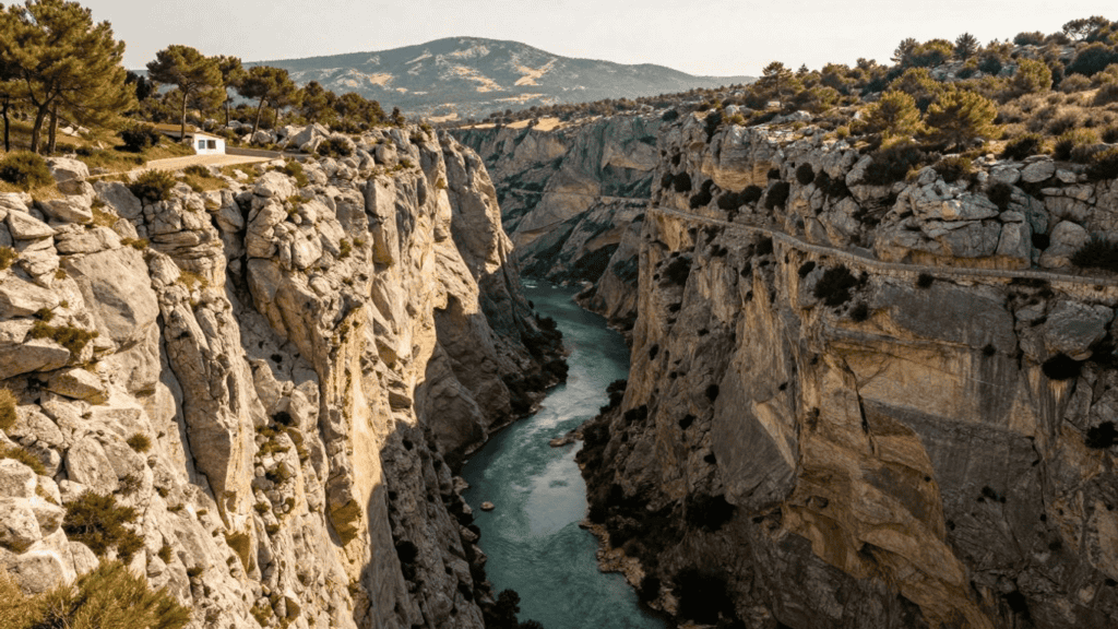 Steep limestone canyon with a turquoise river winding between sheer cliffs; a small white house sits on the left rim among trees and a road.