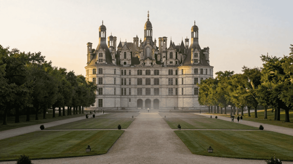 Large Renaissance castle with numerous spires and slate roofs, set at the end of a gravel avenue framed by clipped lawns and tree-lined paths at sunset or golden hour.