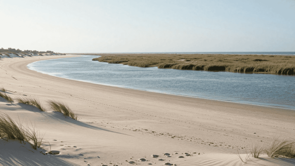 Curving sandy beach with a calm tidal inlet, dune grasses in the foreground and a distant shoreline under a clear blue sky.