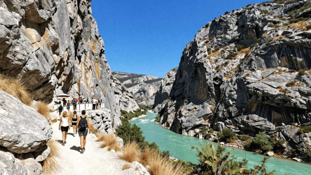Hikers walking along a narrow rocky trail beside a turquoise river cutting through a steep canyon.
