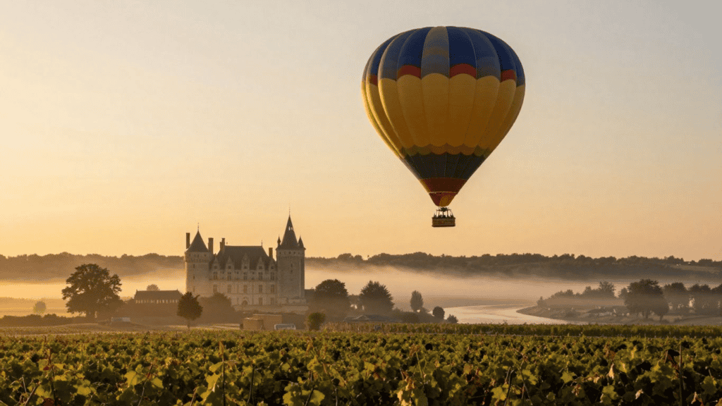 Hot air balloon over a château at sunrise, with a vineyard in the foreground and mist in the distance.