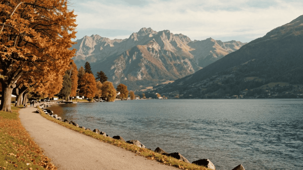 Path along a lake in autumn with orange trees and distant mountains under a blue sky