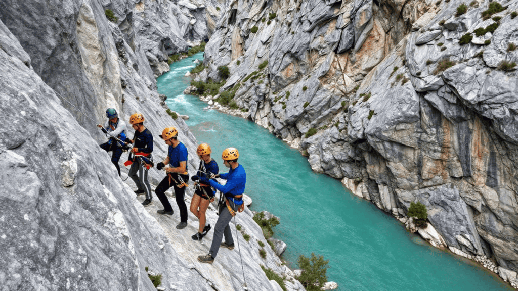 Six climbers with orange helmets and safety harnesses ascend a gray rock face above a turquoise river in a canyon.