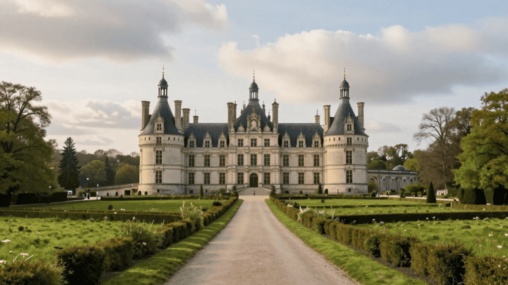 Grand château with four corner towers and a central entrance, set in formal manicured gardens and a long gravel avenue leading to the doors.