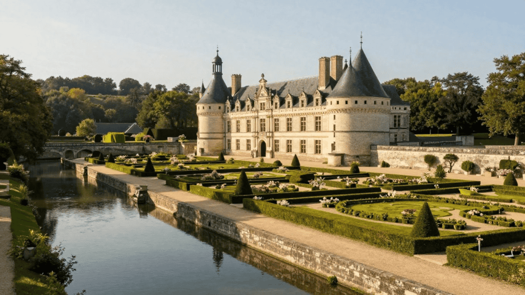 Chateau with conical towers beside a reflective moat and formal square parterres in a sunny garden, Loire Valley setting.