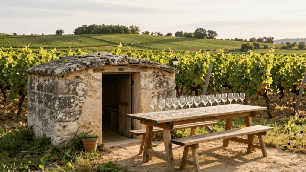 Rustic stone hut in a vineyard with a wooden picnic table set with numerous wine glasses for a tasting event